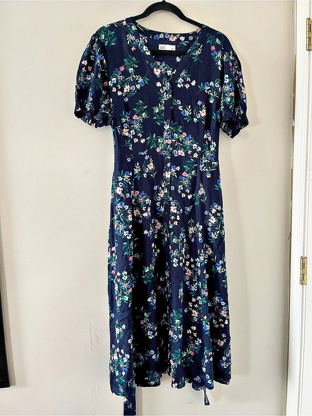 Croft & Barrow Navy Blue Puff Sleeve Floral Midi Dress Large Modest Cottagecore